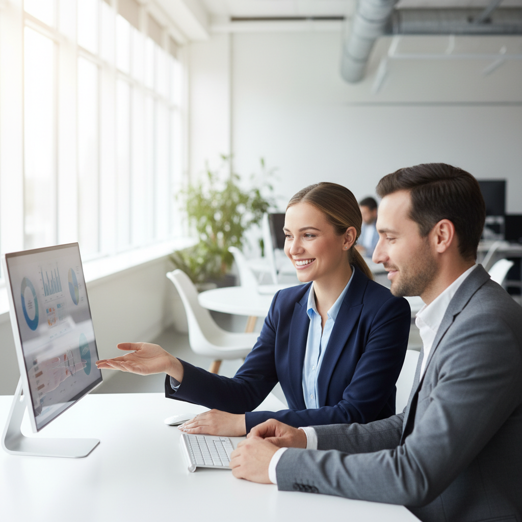 Consultant IT IDS Informatique souriant devant un écran avec un client dans un bureau moderne