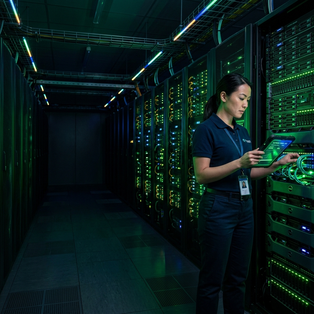 Infrastructure IT moderne et serveurs cloud avec éclairage émeraude